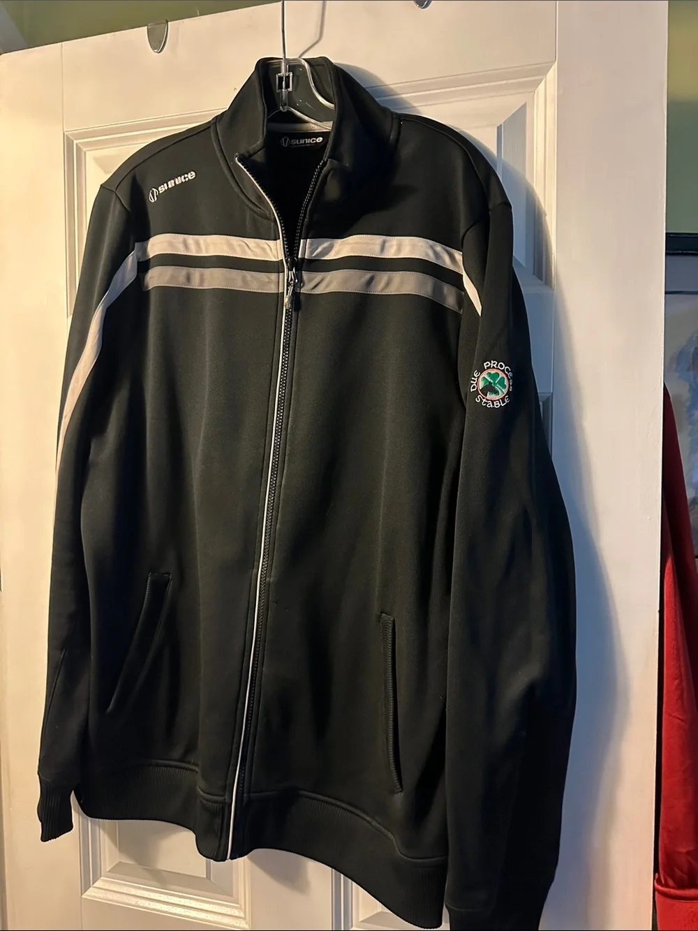 Sunice Black Track Jacket with White and Light Gray Stripes